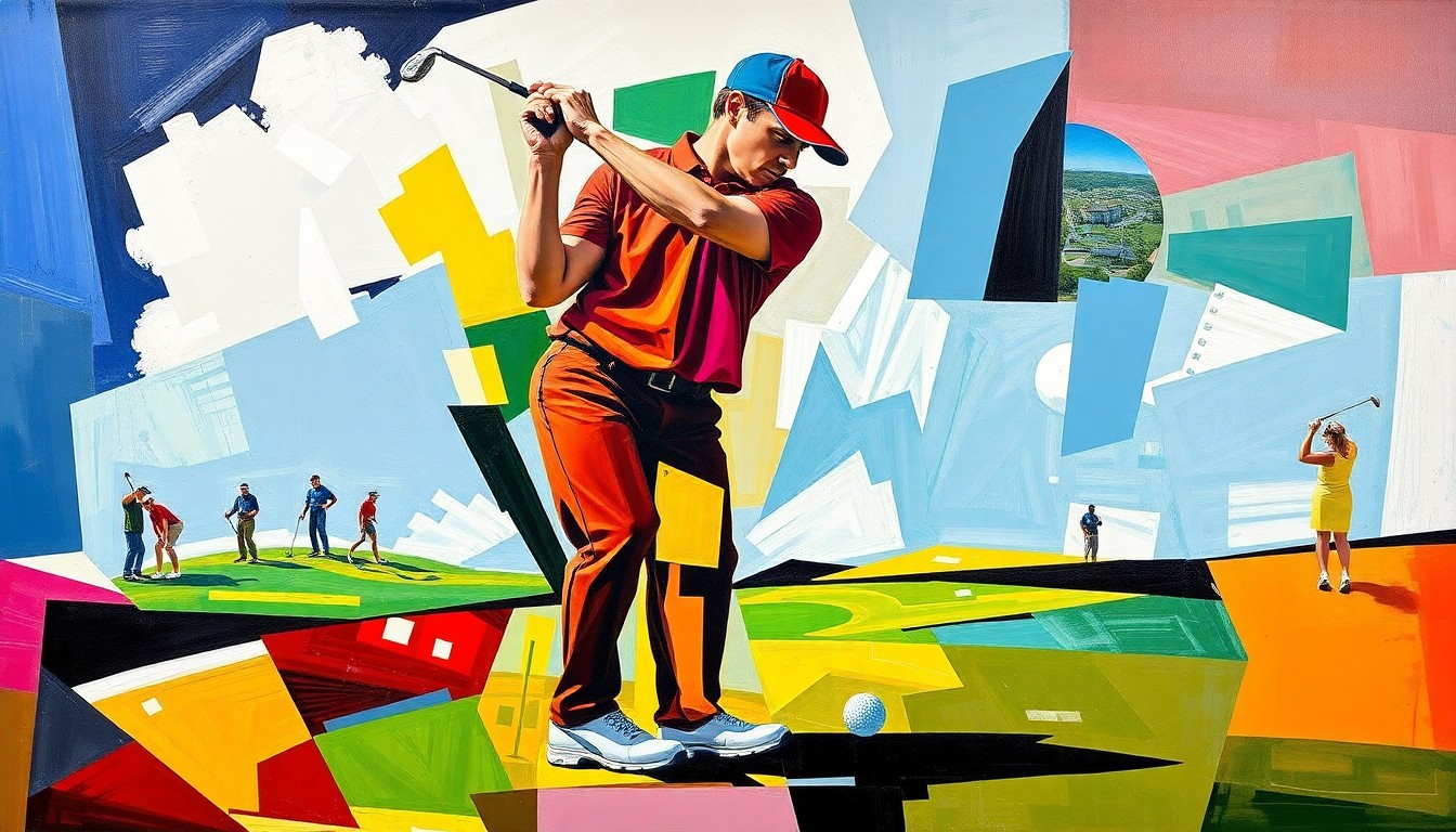 A fractured, multi-perspective painting in bold, vibrant colors representing a golfer's competitive swing or putting stroke, broken down into sharp, overlapping geometric planes.