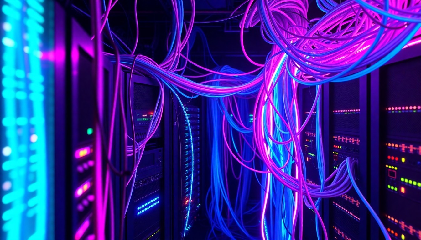 A highly detailed, glowing 3D illustration of a tangled web of fiber optic cables and server racks, bathed in neon cyan and magenta lights, conceptually representing the complex digital infrastructure that enables internet service providers.