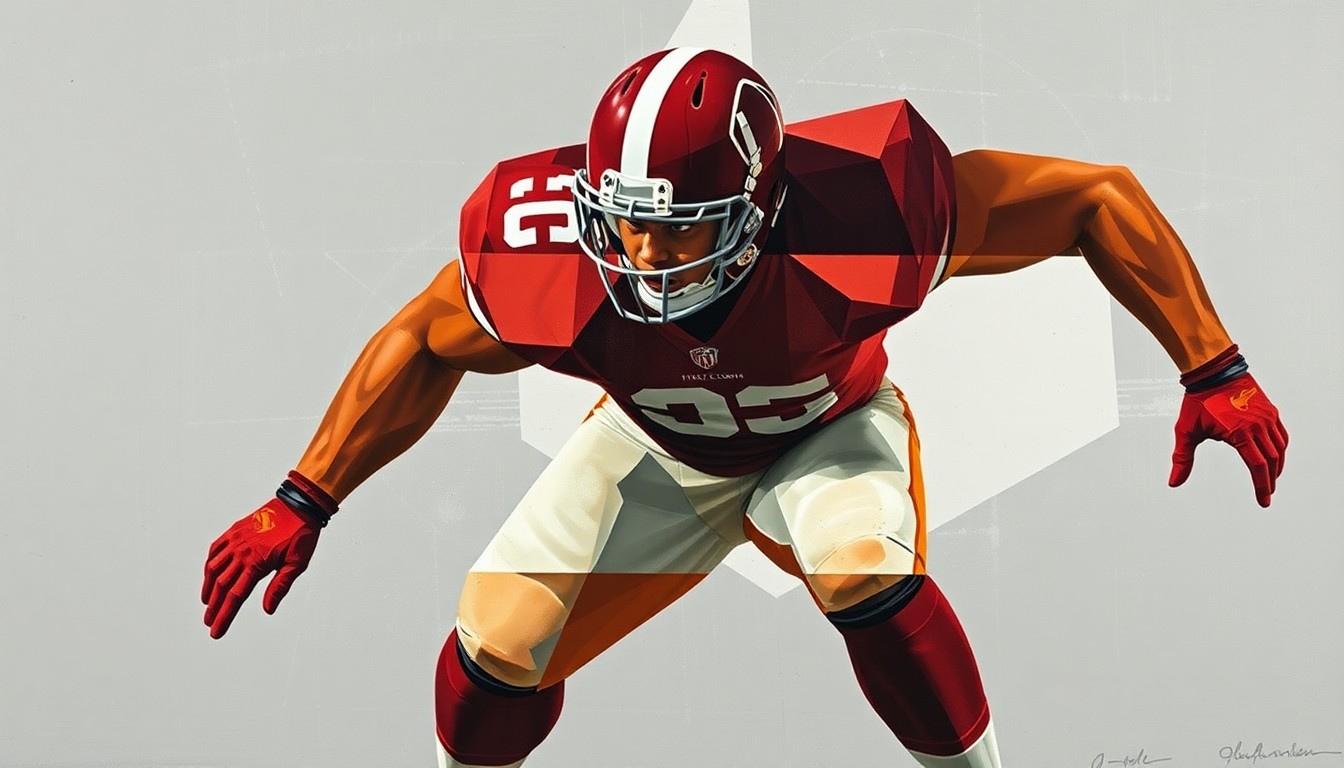 A cubist, geometric painting depicting an offensive lineman in action, with sharp, overlapping planes of deep maroon, burnt orange, and steel grey colors.