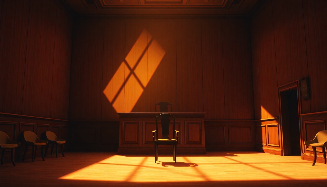 A quiet, cinematic painting of an empty courtroom with a single chair at the judge's bench, bathed in warm, diagonal sunlight and deep shadows, conceptually representing the legal system's role in protecting vulnerable women.