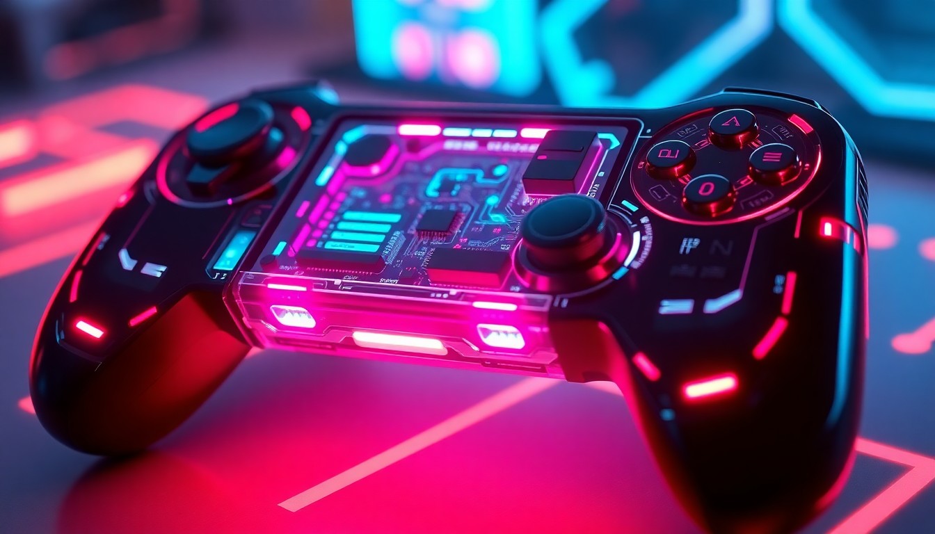 A highly detailed, glowing 3D macro illustration of a futuristic video game controller or handheld device, with neon cyan and magenta lights illuminating the intricate cybernetic hardware and circuits. The device represents the technological innovation and educational potential of the Shujinkou video game franchise.