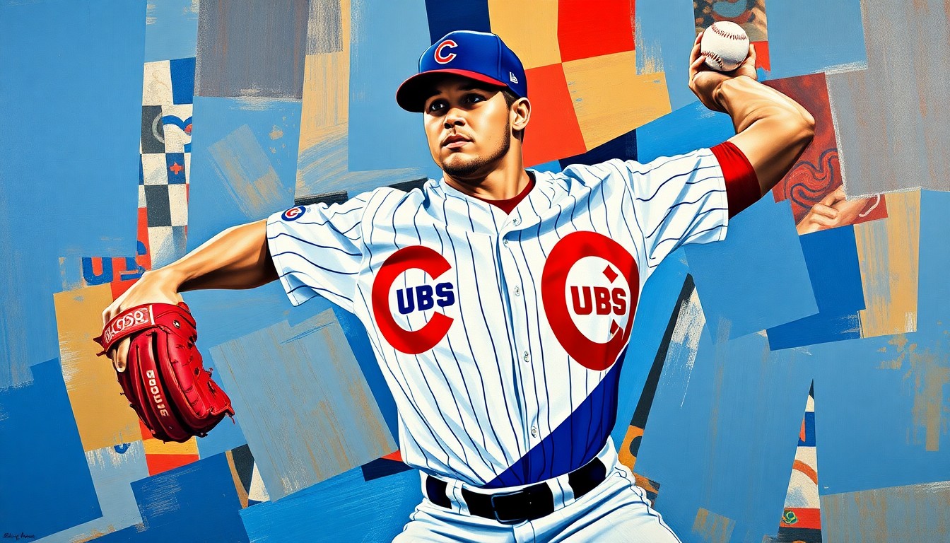 A cubist, geometric painting depicting a baseball pitcher's throwing motion, with sharp planes of navy blue, red, and white representing the Chicago Cubs' uniform colors.