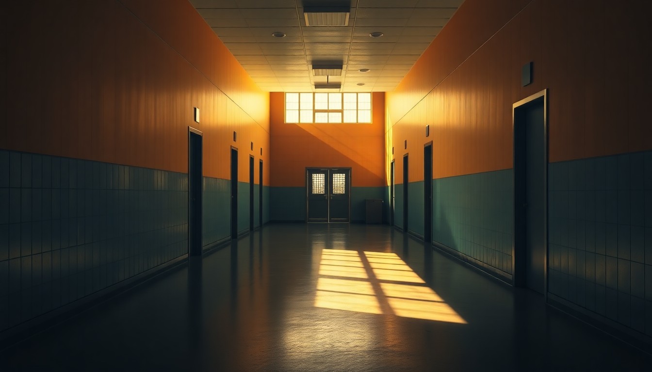 A quiet, cinematic painting of an empty, sunlit hallway in a government detention facility, evoking a sense of solitude and melancholy.
