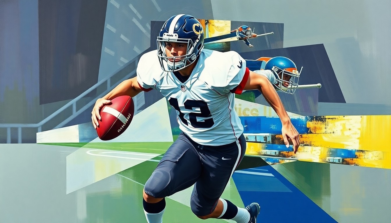 A fragmented, cubist-style painting depicting a high school football player in motion, with sharp, overlapping geometric shapes and planes representing the dynamic energy of the sport.