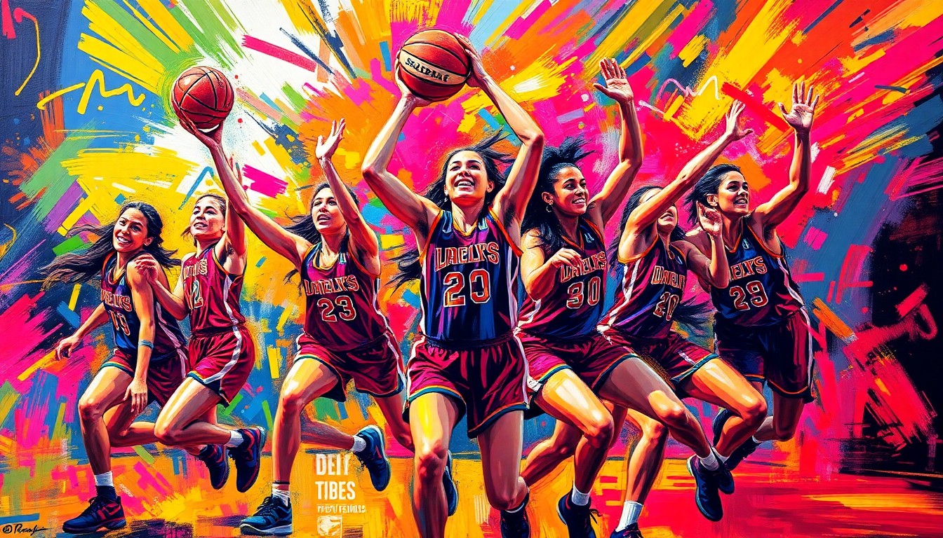 An abstract, energetic painting in neon colors depicting the dynamic movements and celebration of a girls' high school basketball team after a championship win.