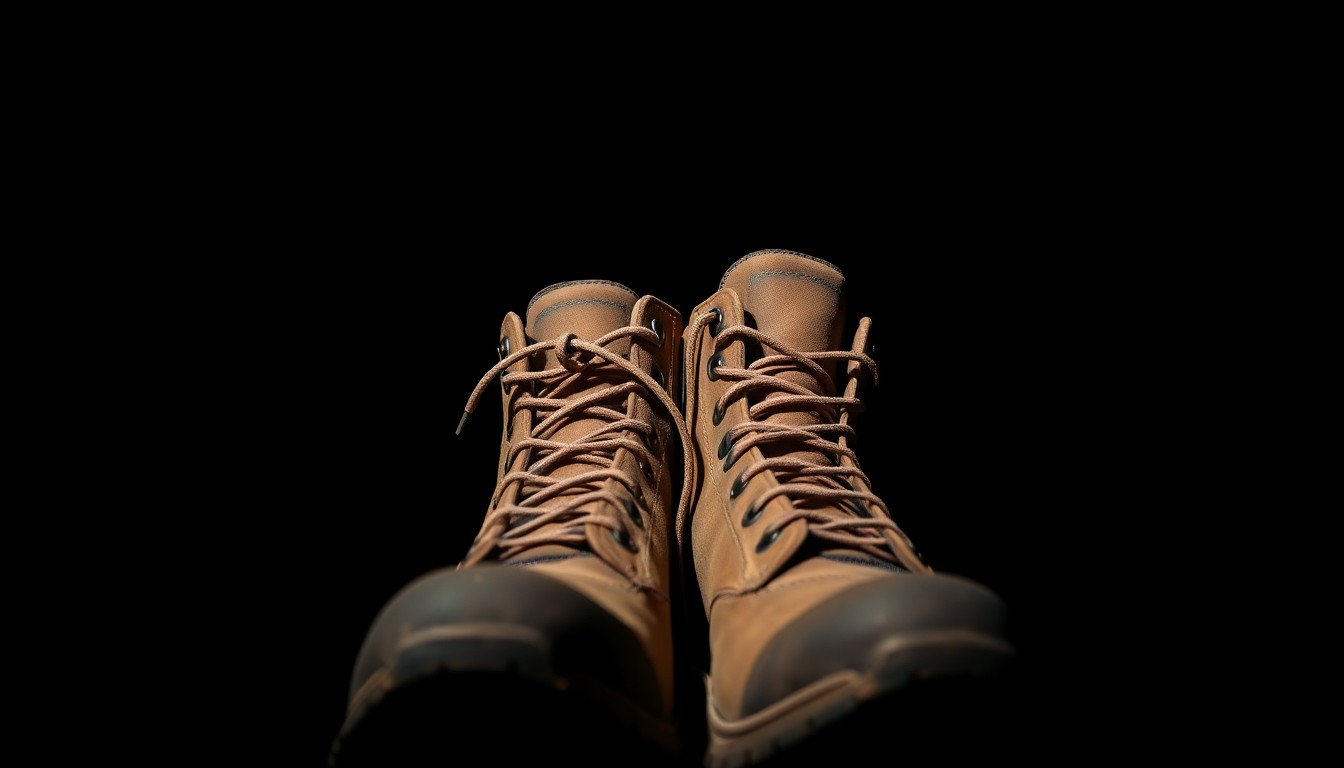 An extreme close-up photograph of a pair of worn, laced-up hiking boots against a pitch-black background, conveying a sense of mystery and investigation surrounding the subject's unexplained departure.