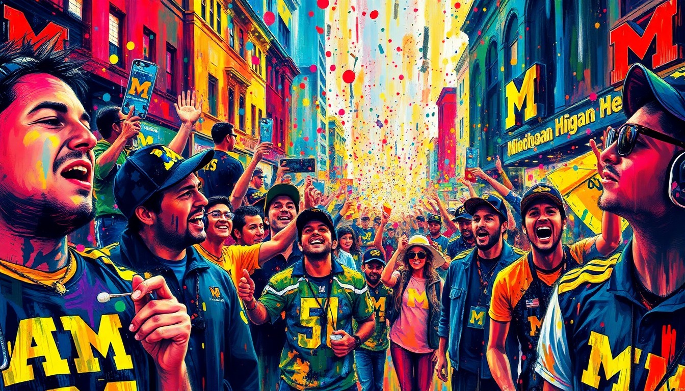 An extreme close-up of a chaotic scene with neon-colored brushstrokes and splatters, conceptually representing the uncontrolled celebrations and destruction in the streets of Ann Arbor after a Michigan sports victory.