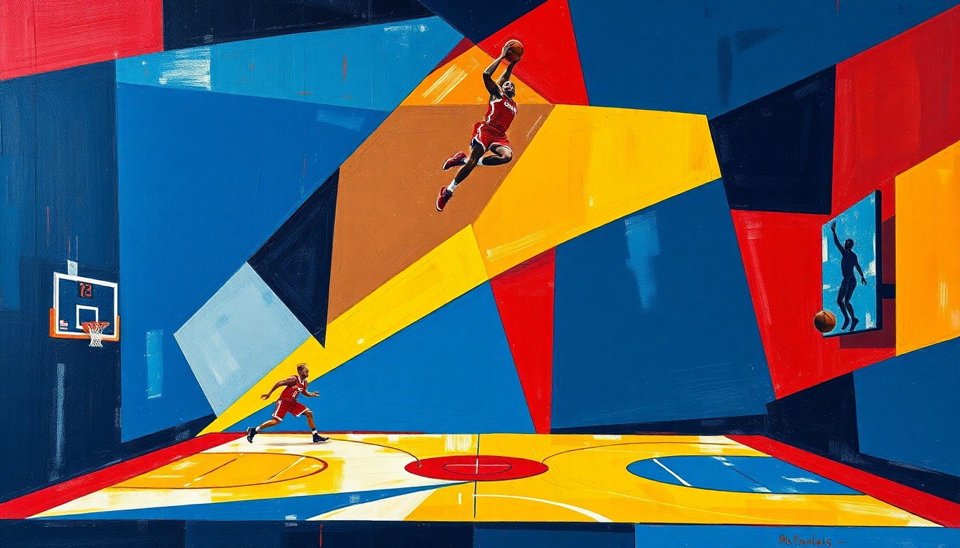 A cubist, geometric painting depicting a basketball game, with sharp, overlapping planes of navy, yellow, and red representing the intense action on the court.