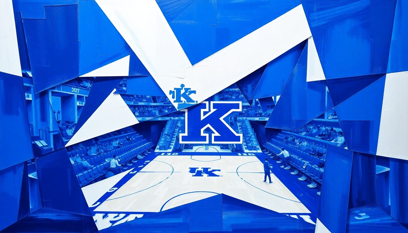 A fragmented, geometric painting depicting a Kentucky basketball game, with sharp planes of royal blue, white, and silver representing the team's struggle to rebuild and regain its competitive edge.
