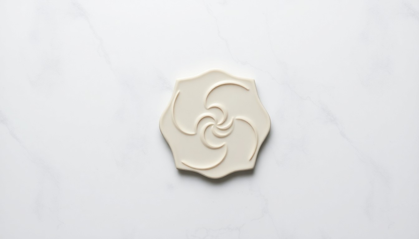 A photorealistic studio still-life photograph of a single Motawi 'Jellyfish' tile, a ceramic piece with a spiraling, flowing design, elegantly arranged on a clean, monochromatic background and captured with dramatic lighting to highlight the craftsmanship behind Motawi's employee-designed tile collection.