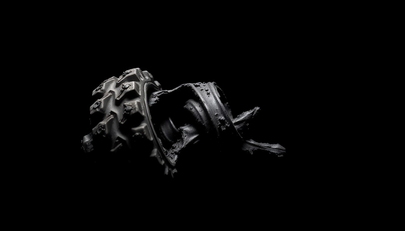 An extreme close-up photograph of a twisted, damaged ATV part, conceptually illustrating the aftermath of a serious accident involving a child rider.