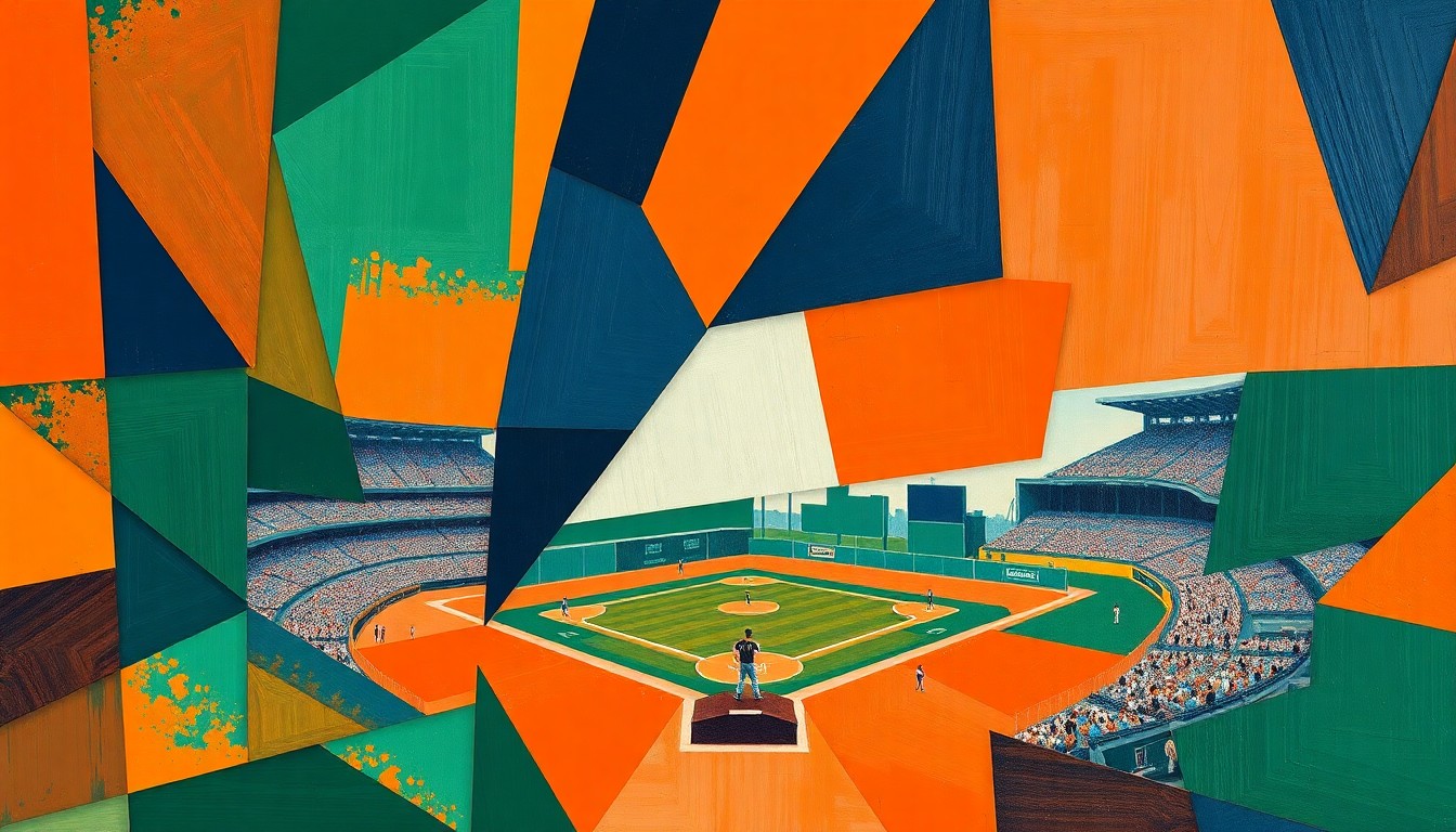 A fragmented, geometric painting depicting the dynamic movements and energy of a college baseball game, with sharp planes of bright colors representing the players and field.