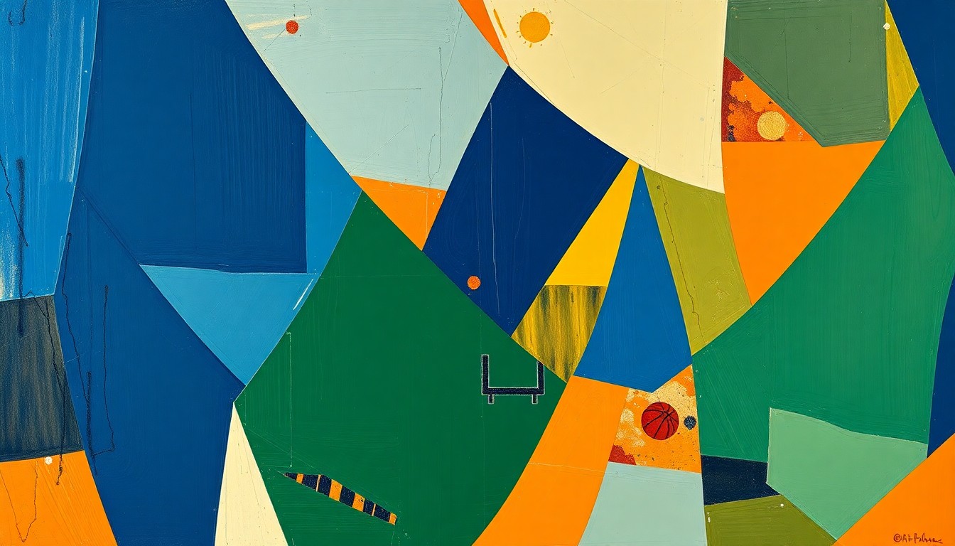 A cubist, geometric painting depicting a fragmented, multi-angled view of a college basketball game, with sharp planes of navy, green, and orange representing the chaotic nature of the Nnaji saga.