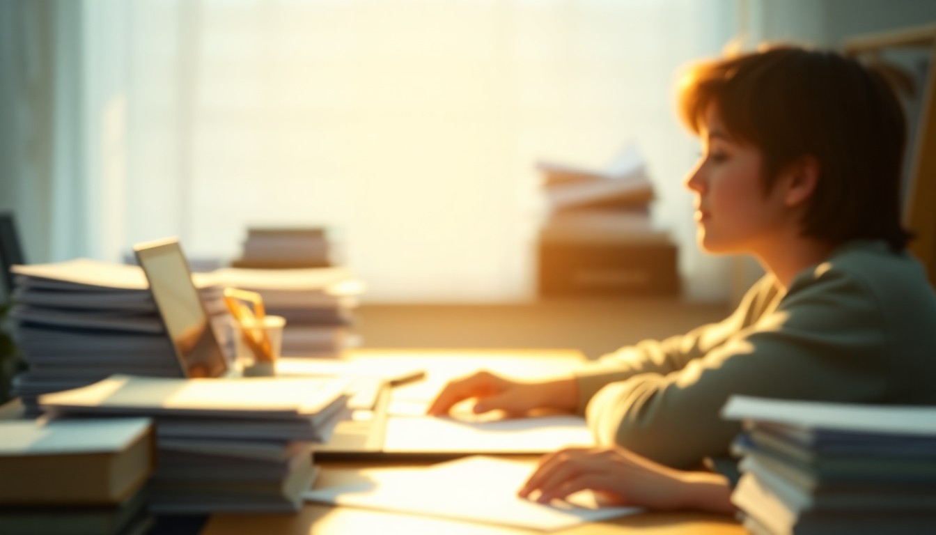 A softly blurred, atmospheric scene of a young adult working intently at a desk, surrounded by the tools of tax preparation, conveying a sense of focused productivity and community service.