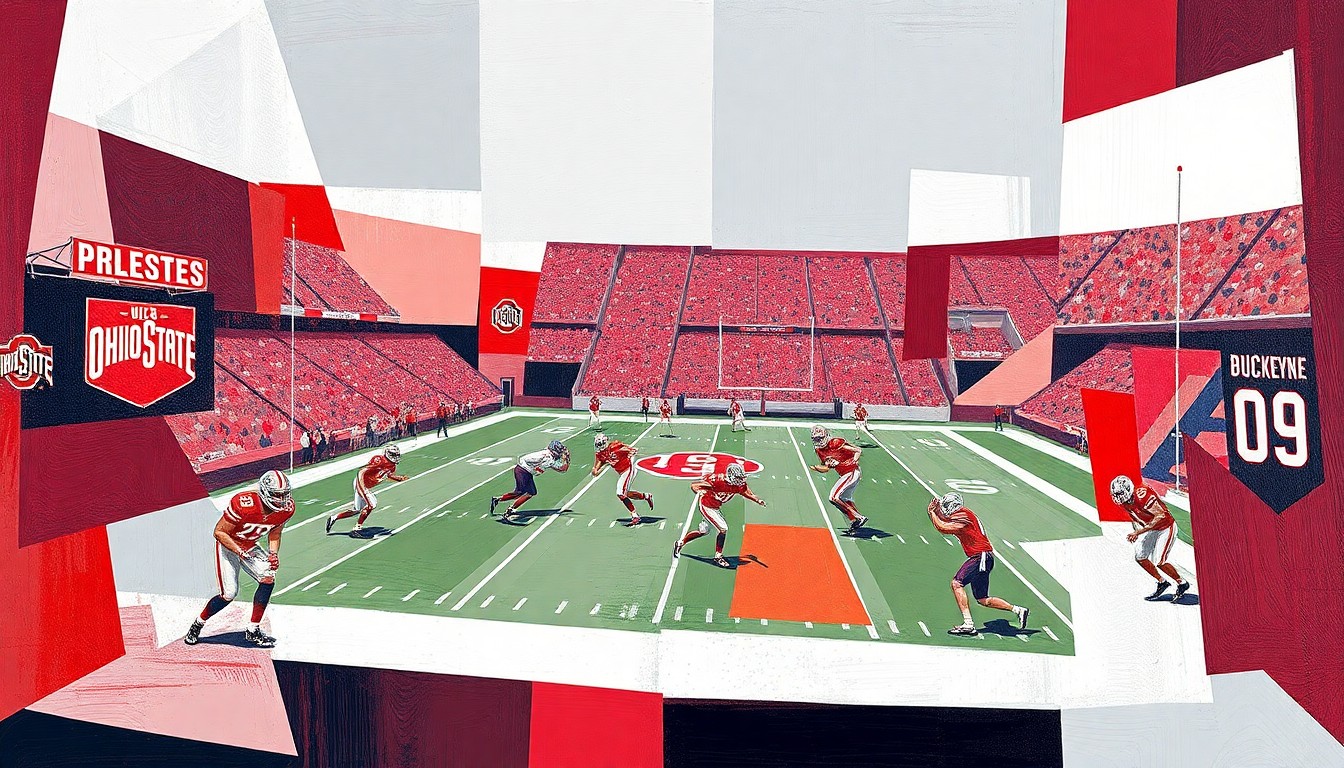 A cubist, geometric painting featuring overlapping planes of scarlet red, gray, and white, capturing the dynamic energy and movement of a football practice or game.