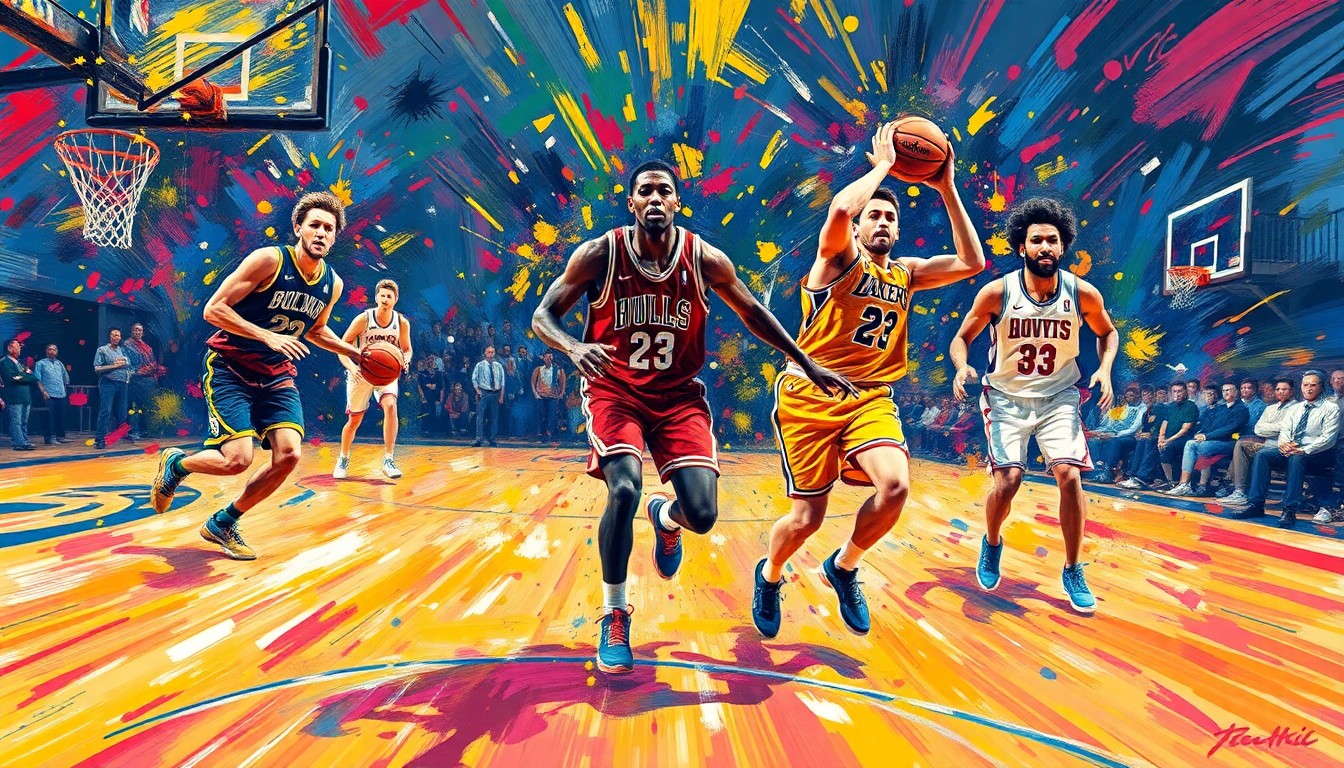 An abstract, expressionist painting featuring vibrant, neon-colored brushstrokes that capture the dynamic movement and energy of a basketball game, with the players' identities obscured in the bold, gestural strokes.
