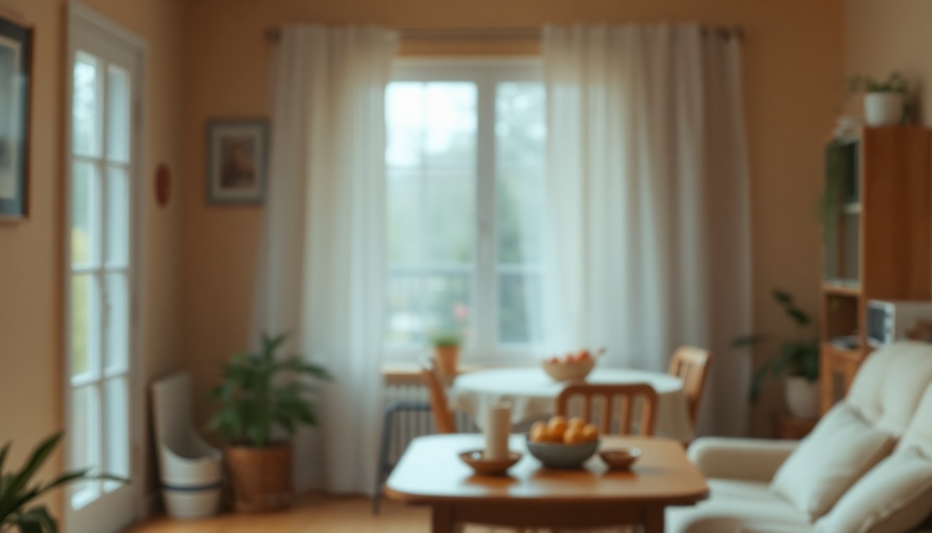 An extremely abstracted, out-of-focus photograph in warm, muted tones depicting a peaceful, domestic scene that conveys a sense of nostalgia and the passage of time.