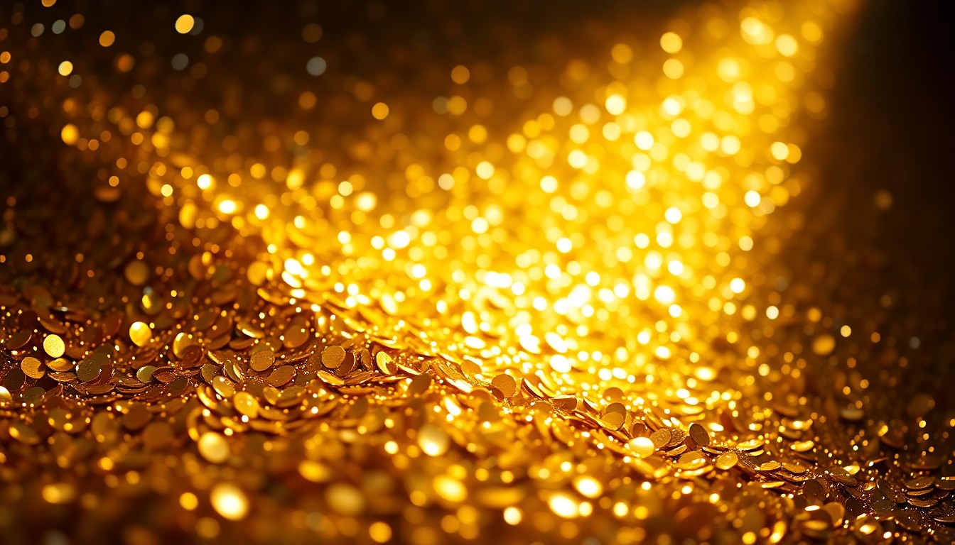 An abstract close-up image of glittering gold and silver sequins, capturing the high-fashion glamour and luxury associated with the Oscars ceremony.