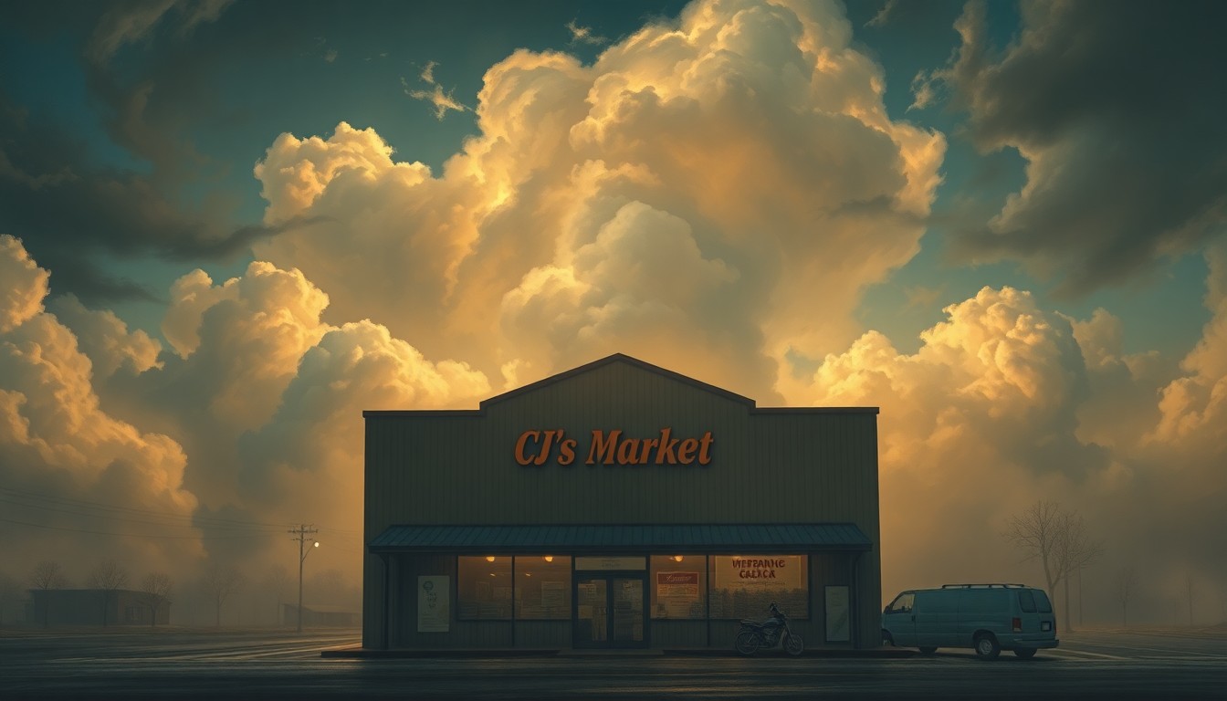A sweeping, atmospheric landscape painting in muted tones, with the exterior of a small grocery store nestled in the foreground, dwarfed by the dramatic, swirling clouds and warm light above, conveying the scale and power of the natural disaster and the community's triumph.