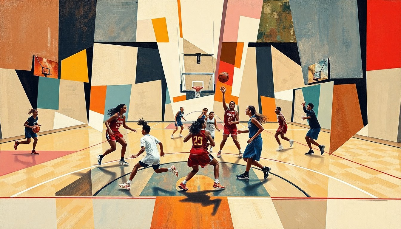 A fragmented, multi-angled painting in the style of Pablo Picasso, depicting the dynamic movements and lines of a girls' basketball game broken down into sharp, overlapping geometric shapes and planes of color.