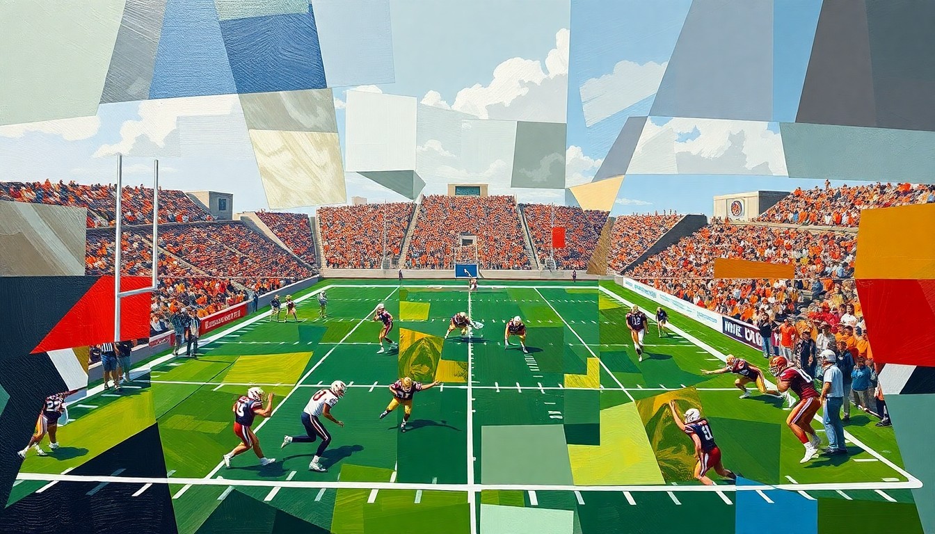 A fragmented, geometric painting depicting the chaotic action of a college football game, with players and field elements broken down into sharp, angular shapes and planes of color.