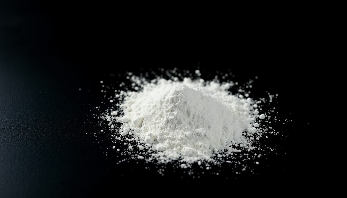 An extreme close-up photograph of a small pile of white powder and cash on a dark surface, lit by a harsh, direct camera flash, conceptually illustrating the evidence seized in a drug-related arrest.