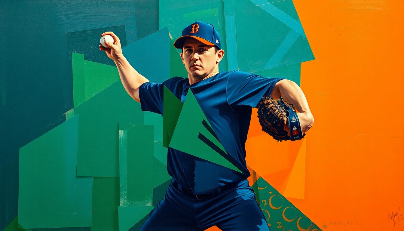 A fractured, geometric painting depicting the motion of a baseball pitcher, with sharp, overlapping planes in shades of navy, green, and orange, conveying the anticipation of the Yankees' ace's comeback.