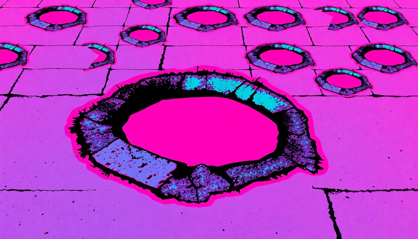 A bold, stylized grid of neon-colored potholes in a high-contrast silkscreen print, conceptually representing the state's efforts to address this widespread infrastructure issue.