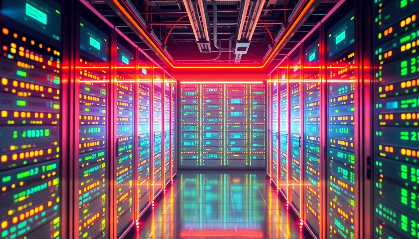 A highly detailed, glowing 3D illustration of a futuristic, neon-lit data center or server rack, representing the advanced technology infrastructure powering the programmatic advertising and call tracking integration. The image features recognizable physical tech elements like circuit boards, cables, and cooling fans, all illuminated by vibrant cyan and magenta lights, conceptually illustrating the convergence of digital and physical technologies to enable more comprehensive marketing attribution.