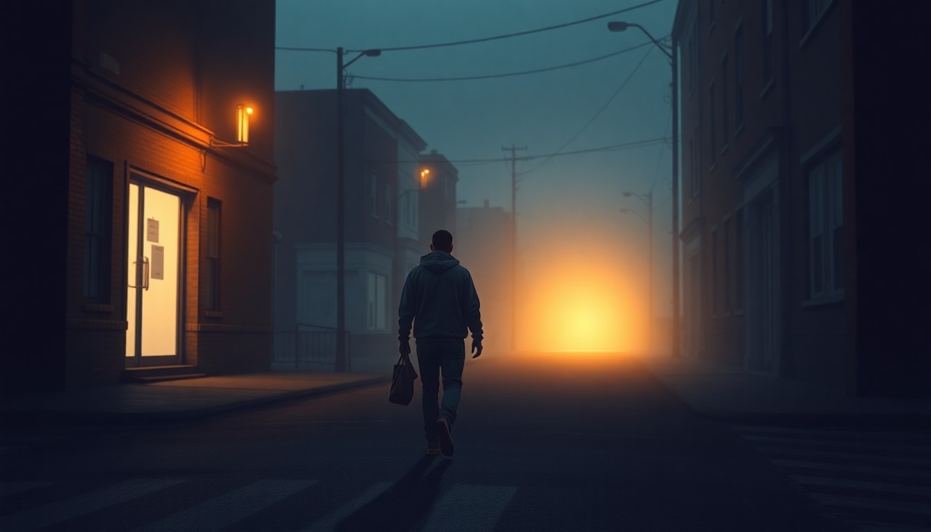 A cinematic painting of a lone figure walking down a shadowy city street, the warm light of a polling place doorway in the distance, capturing the quiet solemnity of municipal election day.