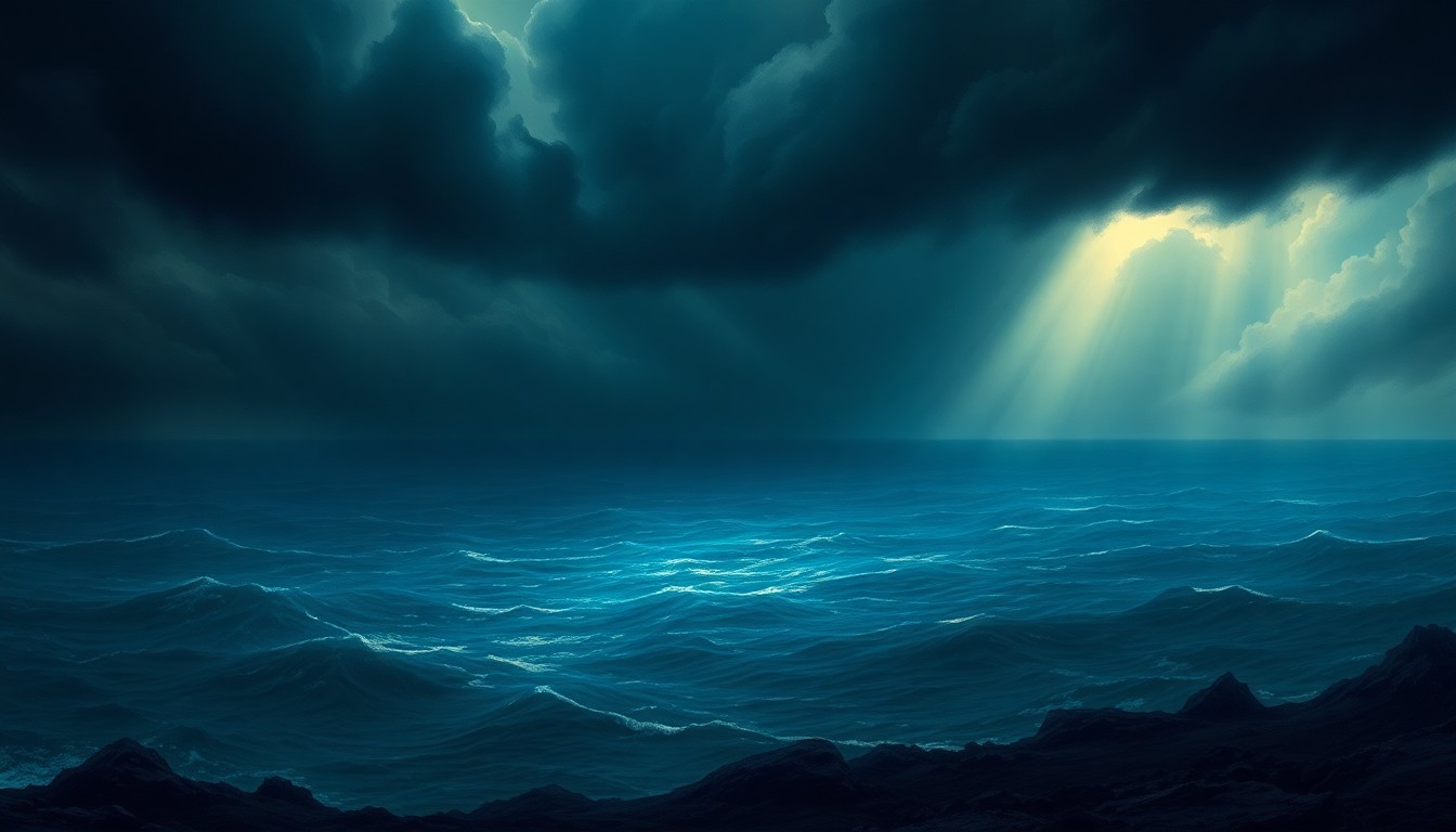 A sweeping, atmospheric landscape painting depicting the vast, glowing ocean under an ominous sky, conveying the sublime power and scale of an impending El Niño weather pattern.