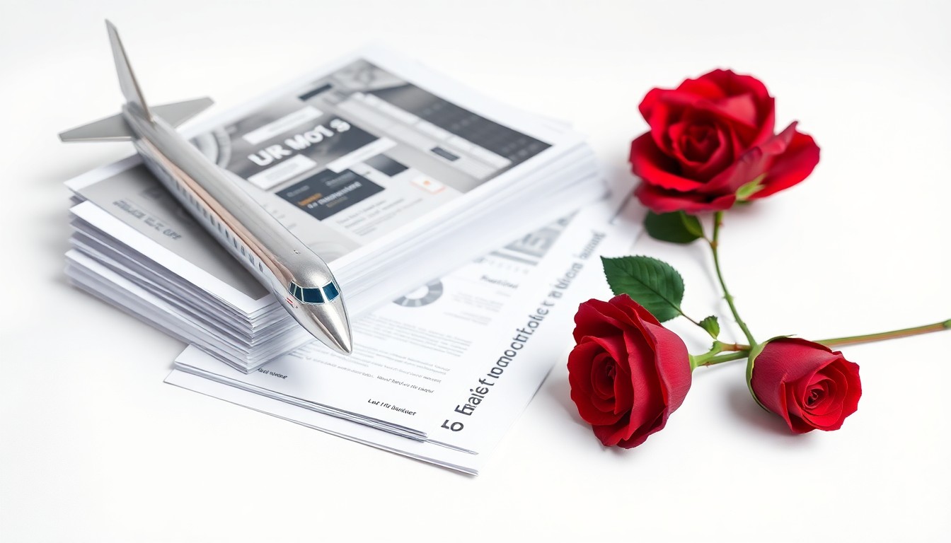 A high-end, photorealistic studio still-life featuring a polished metal airplane model, a stack of financial reports, and a single red rose on a clean white background, symbolizing the aerospace industry, corporate strategy, and the fragility of the market.