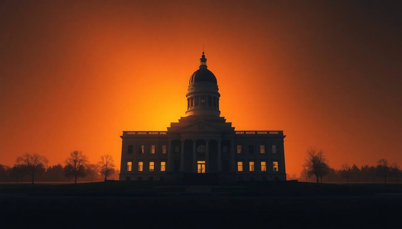 A photorealistic oil painting of a state capitol building in North Dakota, with warm lighting and deep shadows creating a pensive, cinematic mood that reflects the cautious fiscal approach outlined in the governor's budget preview.
