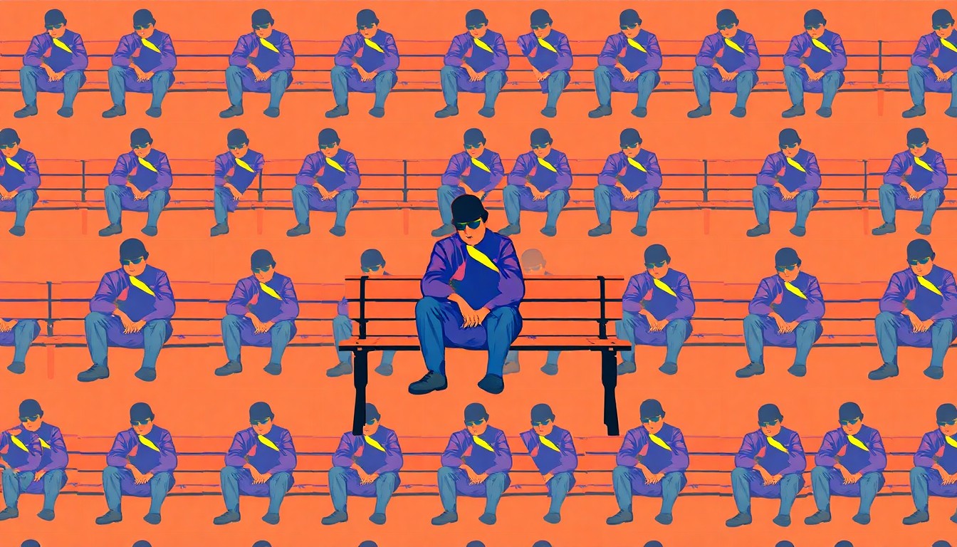 A brightly colored, high-contrast silkscreen print of a stylized illustration of a person sitting on a bench, repeated in a tight grid pattern, conceptually representing the Compassion Impact Center's efforts to address homelessness in Topeka through a comprehensive, collaborative approach.