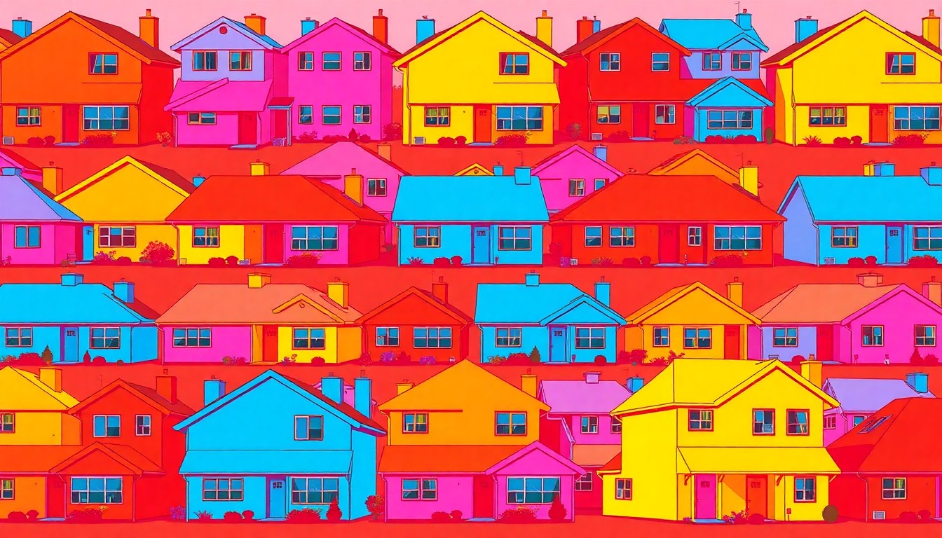 A brightly colored, high-contrast silkscreen print of a single, stylized suburban home repeated in a tight grid pattern, utilizing flat, vibrant neon color palettes and heavy black outlines to transform everyday residential architecture into a modern pop art composition.
