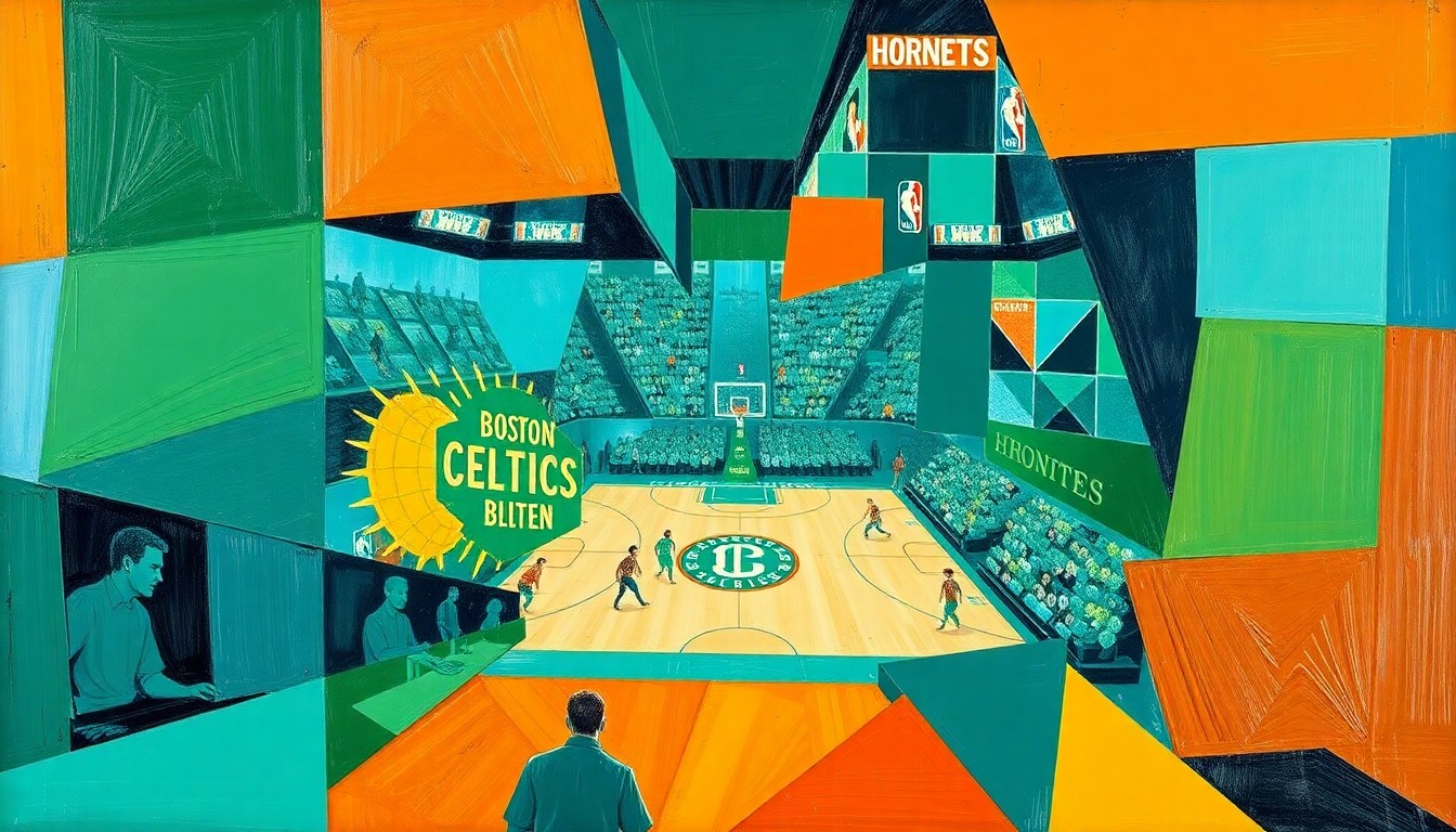 A cubist, geometric painting depicting a basketball game in motion, with the players and court broken down into overlapping, angular shapes in shades of green, blue, and orange.