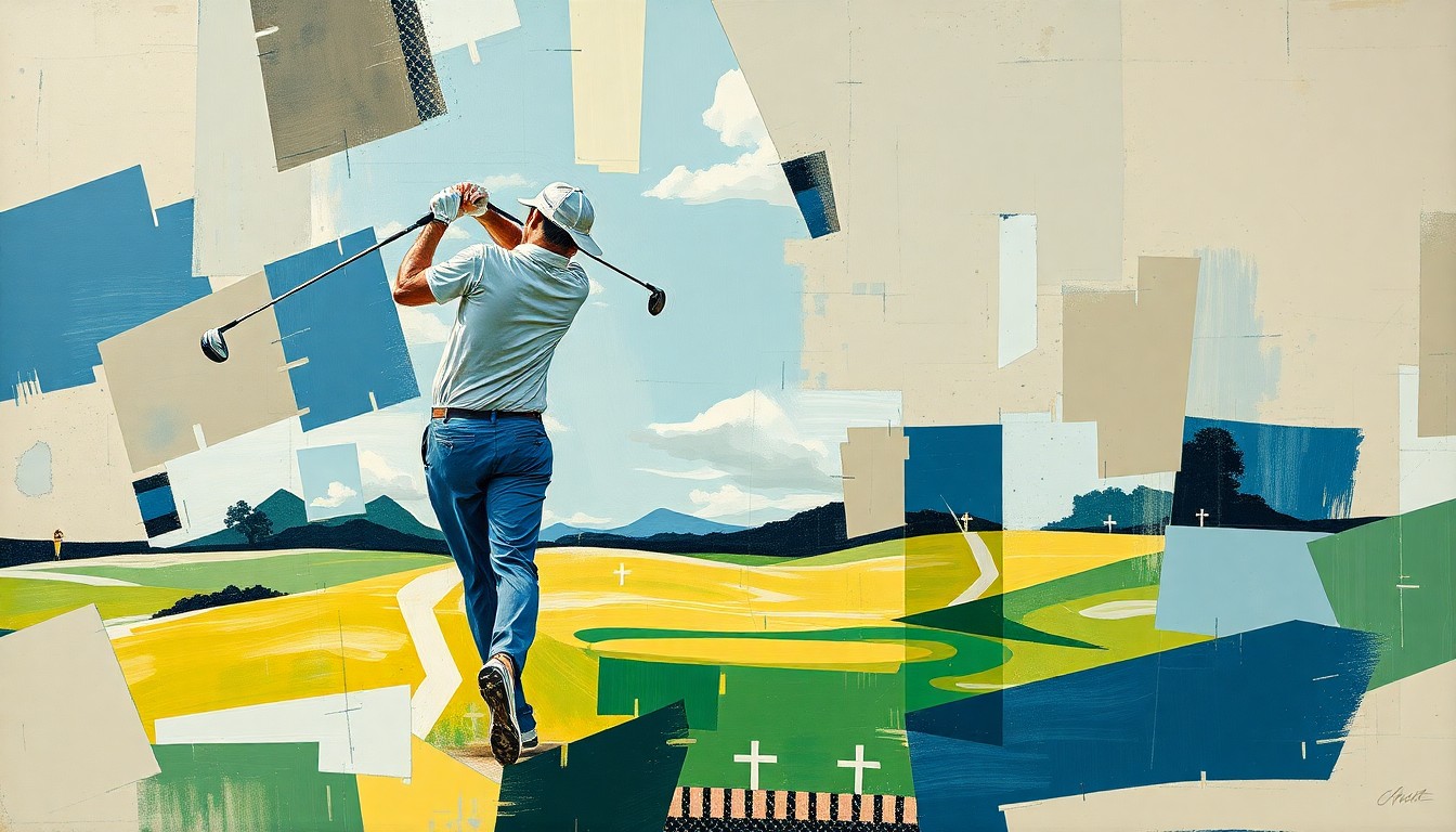 A fragmented, geometric painting depicting a golfer's swing and movements broken down into sharp, overlapping planes of muted earth tones and blues with flashes of green and white, conveying the mental and physical struggles of a professional athlete dealing with PTSD.