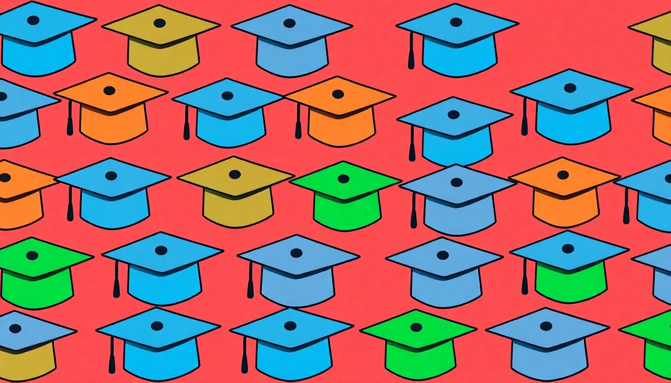 A vibrant, high-contrast silkscreen print featuring a repeated image of a military-themed graduation cap in a grid pattern, using bold neon colors and heavy black outlines to transform the everyday academic symbol into a modern pop art piece.