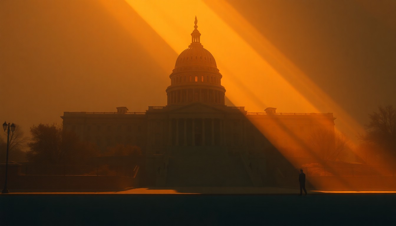 A dimly lit, cinematic painting of a lone government building or political figure, with warm sunlight casting dramatic shadows across the scene, conceptually representing the shifting political dynamics ahead of the 2026 midterm elections.