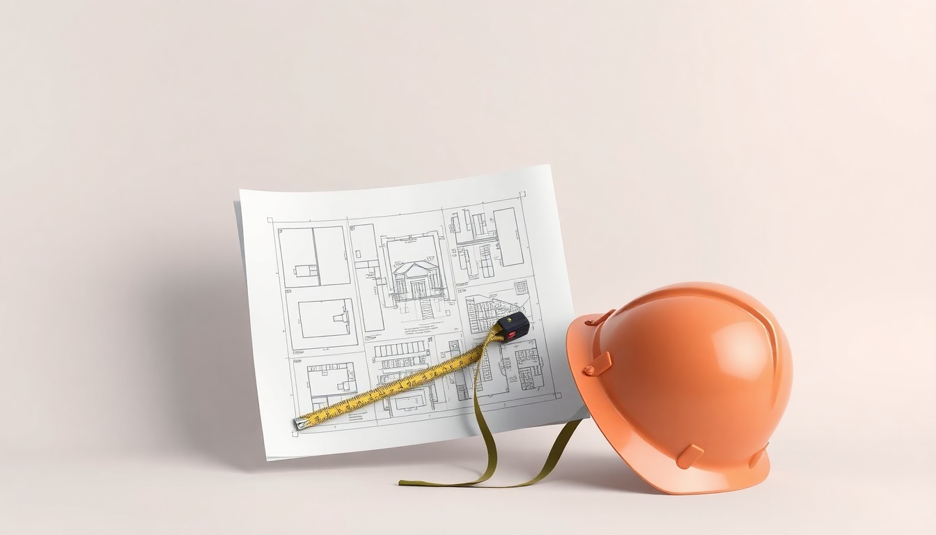 A photorealistic studio still life featuring architectural blueprints, a tape measure, and a hardhat, conceptually representing the challenges of construction and project management.