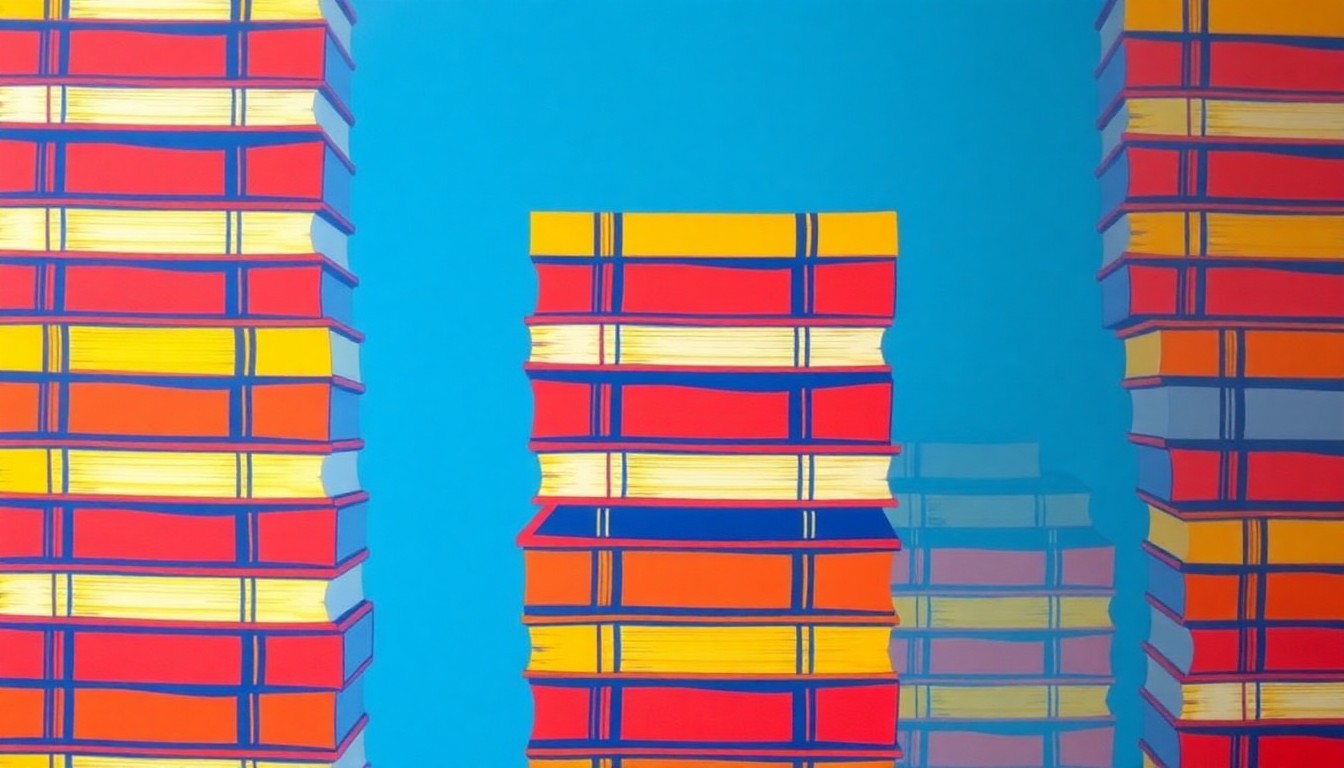 A grid of brightly colored, high-contrast silkscreen prints depicting a stack of classic books in vibrant shades of red, orange, and yellow, conceptually representing the engaging discussion of influential works of literature.