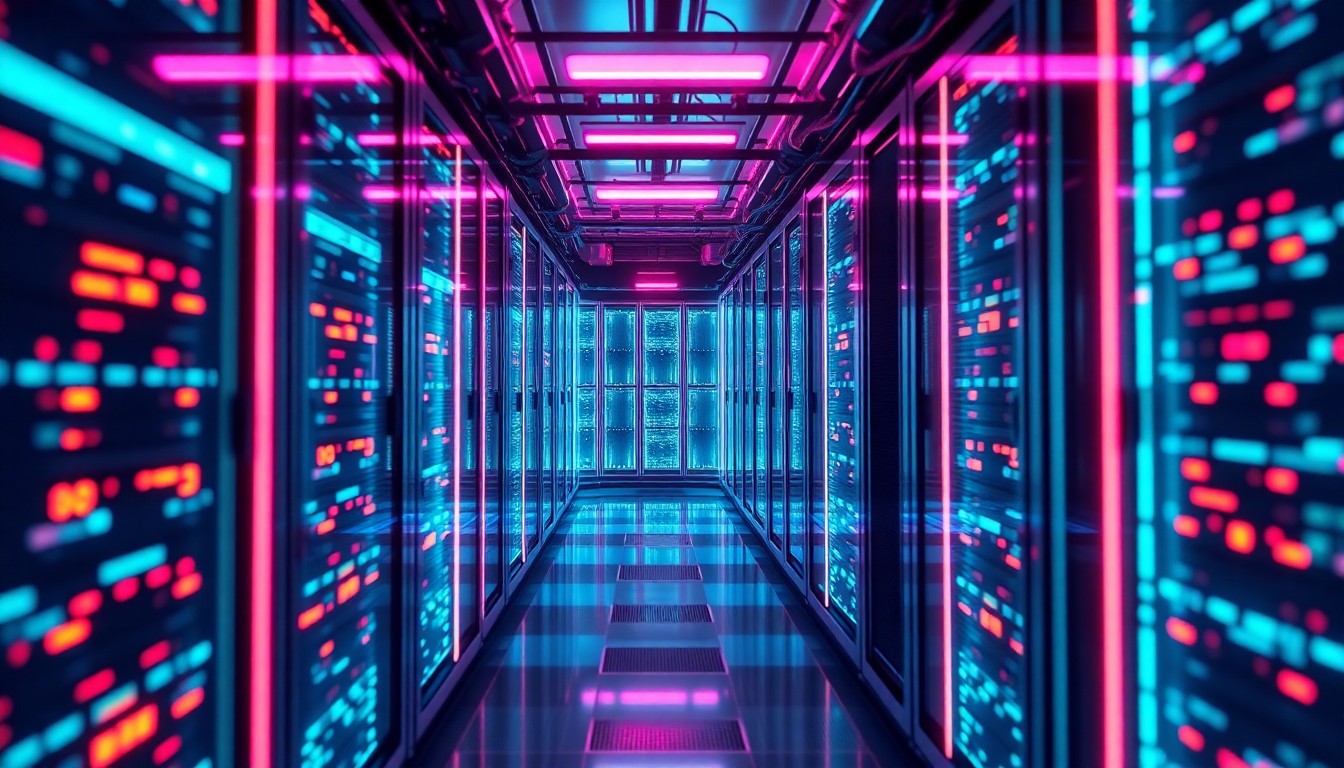 A highly detailed, glowing 3D illustration of a futuristic data center or blockchain infrastructure, with servers, cables, and cooling systems illuminated by neon cyan and magenta lights, conceptually representing the advanced technology behind Datavault AI's RWA tokenization platform.