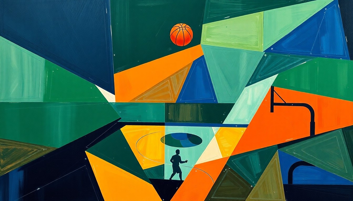 A cubist-style painting featuring fragmented, geometric shapes in shades of blue, green, and orange, conceptually representing the strategic challenges of building a new Division I basketball program.