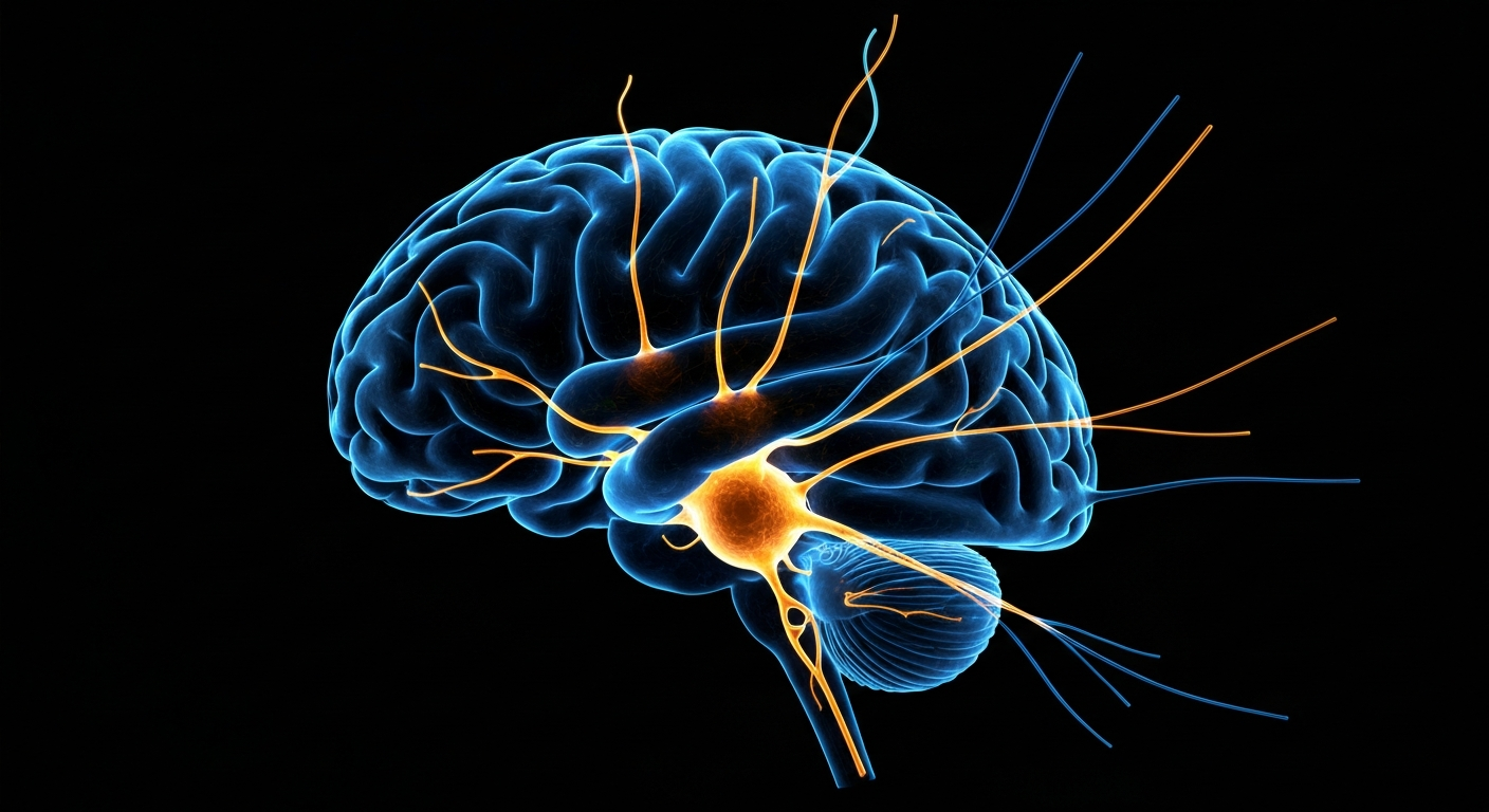 A highly detailed, translucent X-ray image of a human brain, with intricate neural structures and tumor formations visible in ghostly shades of gray and white.