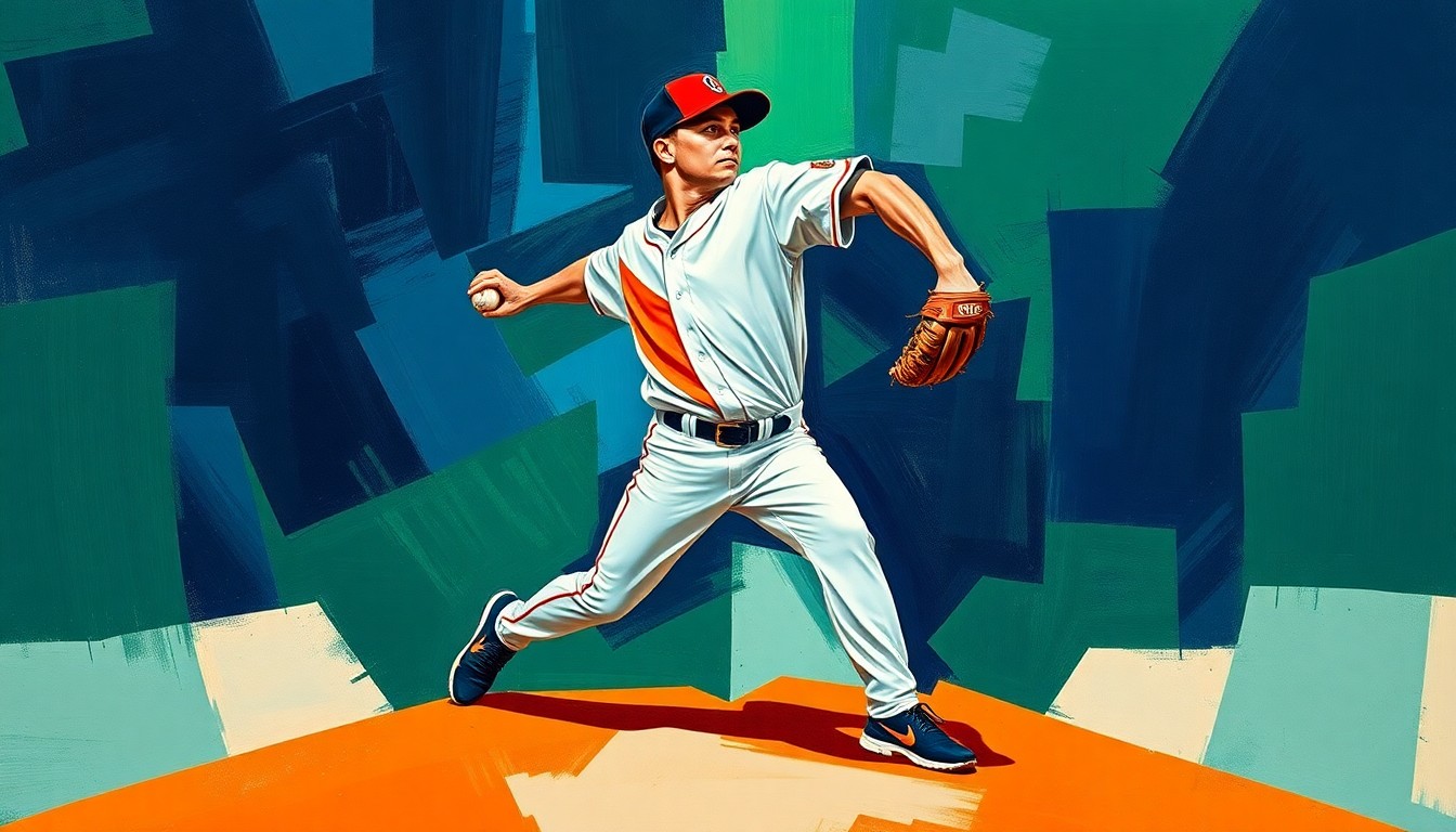 A cubist, geometric painting depicting the fragmented motion of a baseball pitcher, with sharp planes of navy, green, and orange colors representing the breakdown of Cade Horton's throwing mechanics due to his season-ending elbow surgery.