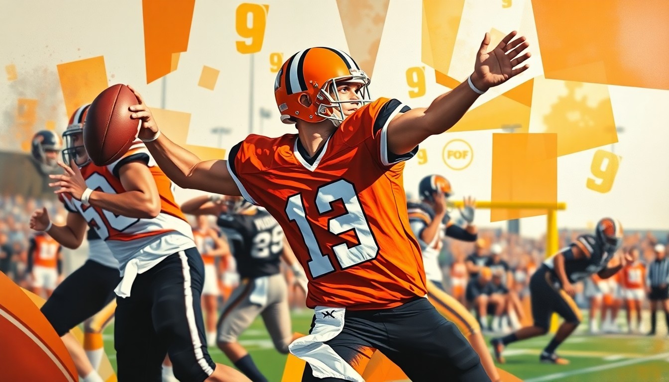 A fragmented, geometric painting depicting the motion of a football quarterback in mid-throw, with sharp planes of color representing the player's uniform and the ball's trajectory.