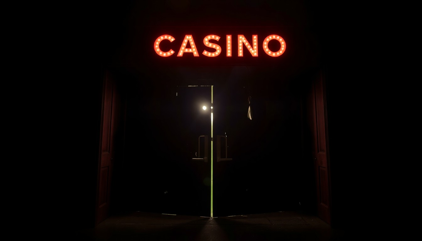 An extreme close-up photograph of damaged casino entrance doors reflecting a harsh, direct camera flash, conceptually illustrating the aftermath of a vehicular incident.