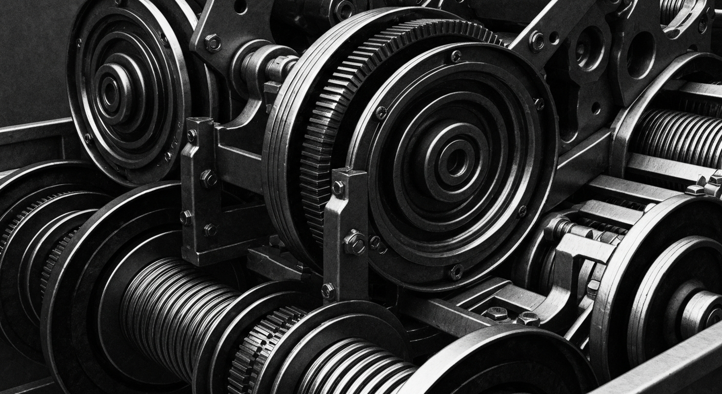 A high-contrast black and white close-up of intricate banking machinery and mechanical components, representing the institutional power and complex inner workings of the Federal Reserve.