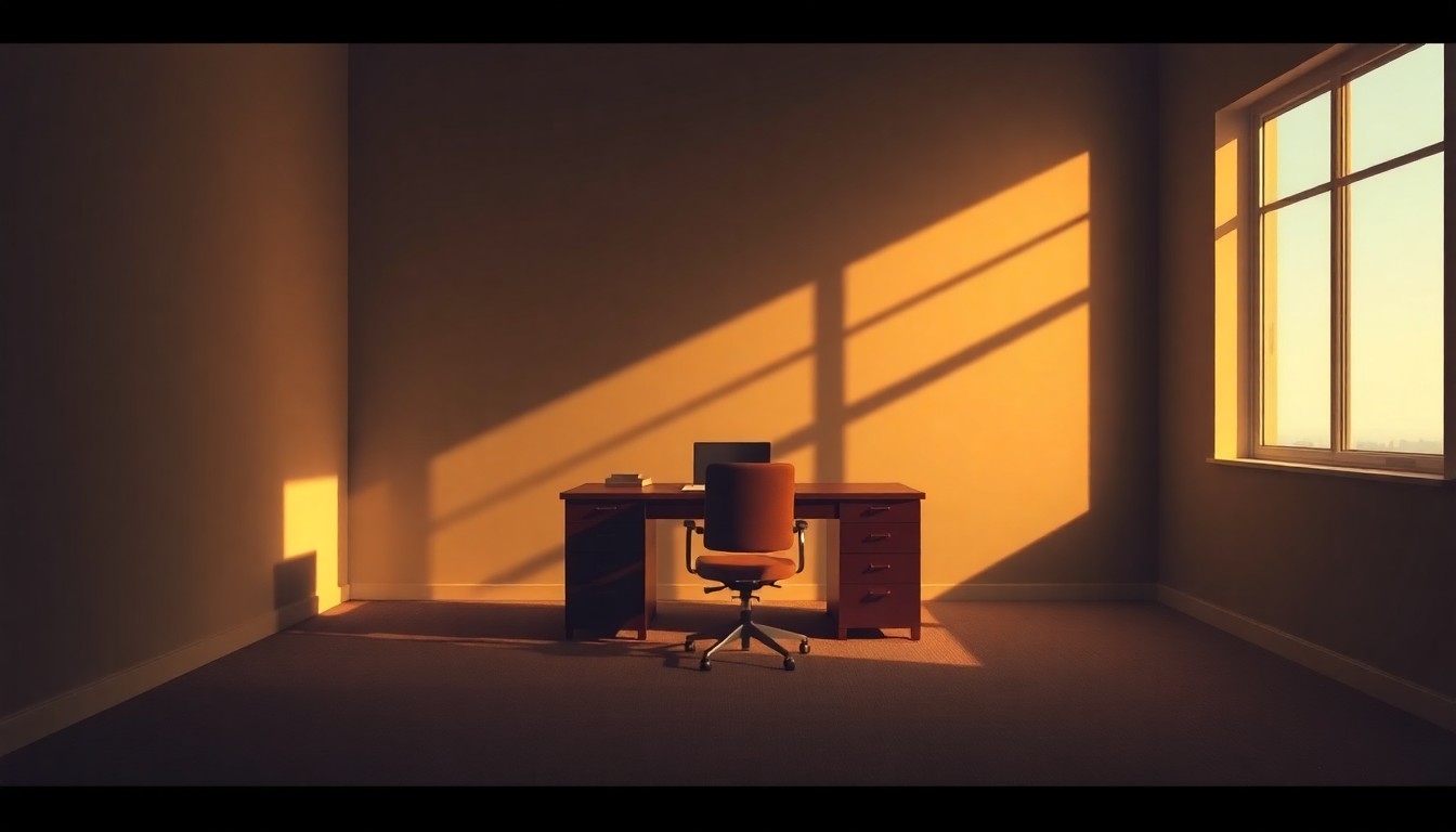 A moody, cinematic painting of a dimly lit office space with a lone desk and chair, the room bathed in warm, diagonal sunlight and deep shadows, conveying a sense of isolation and disconnect from the outside world.