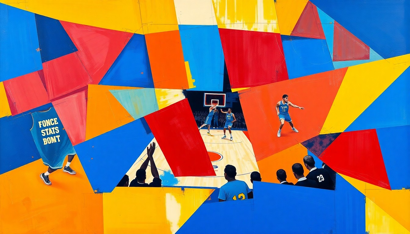 A cubist, geometric painting depicting a fragmented, multi-angled view of a basketball game or sports event, with sharp planes of vibrant colors representing the dynamic action and energy of the competition.